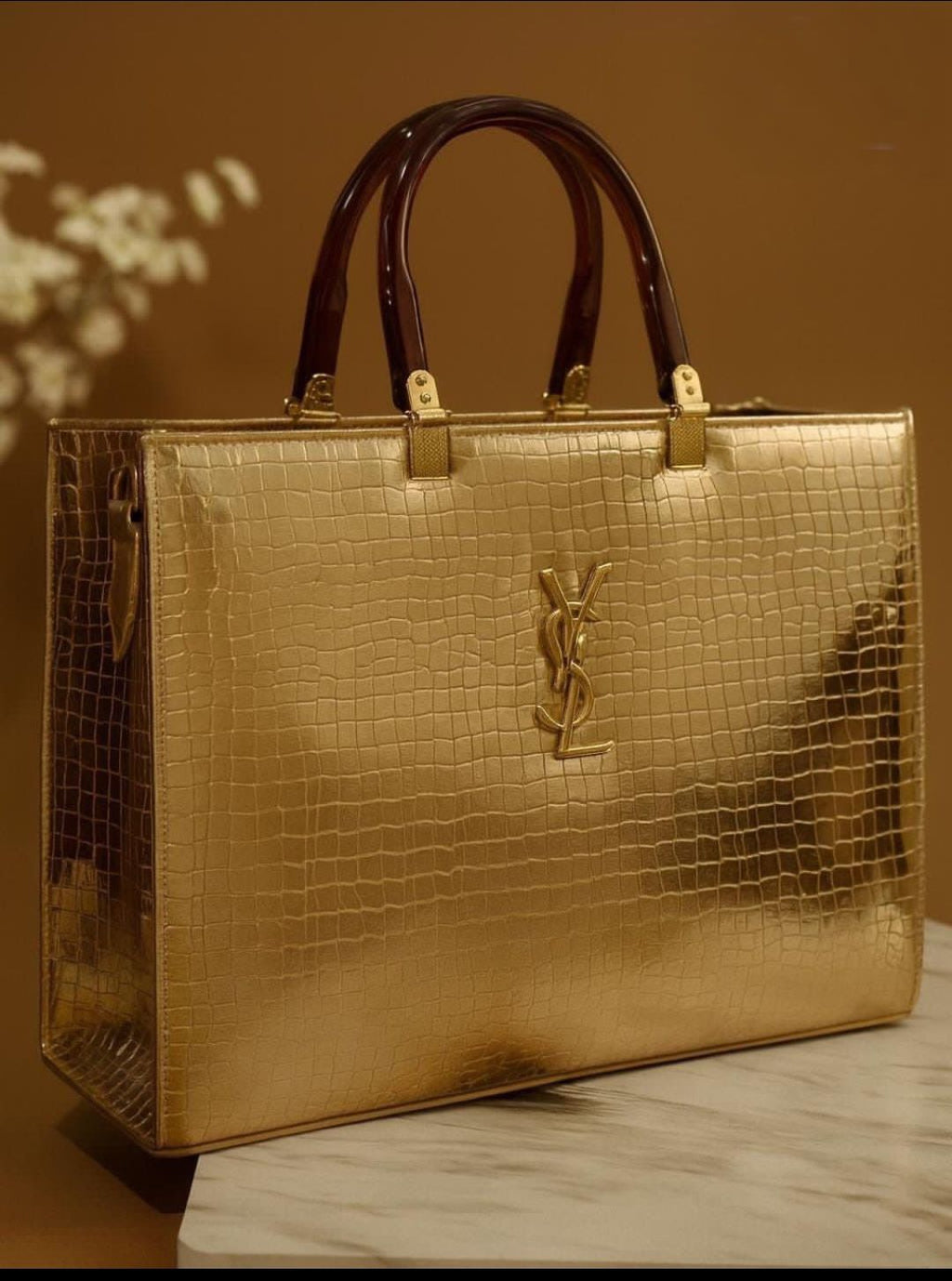 YSL Inspired Croc-Textured Black Leather Tote Bag