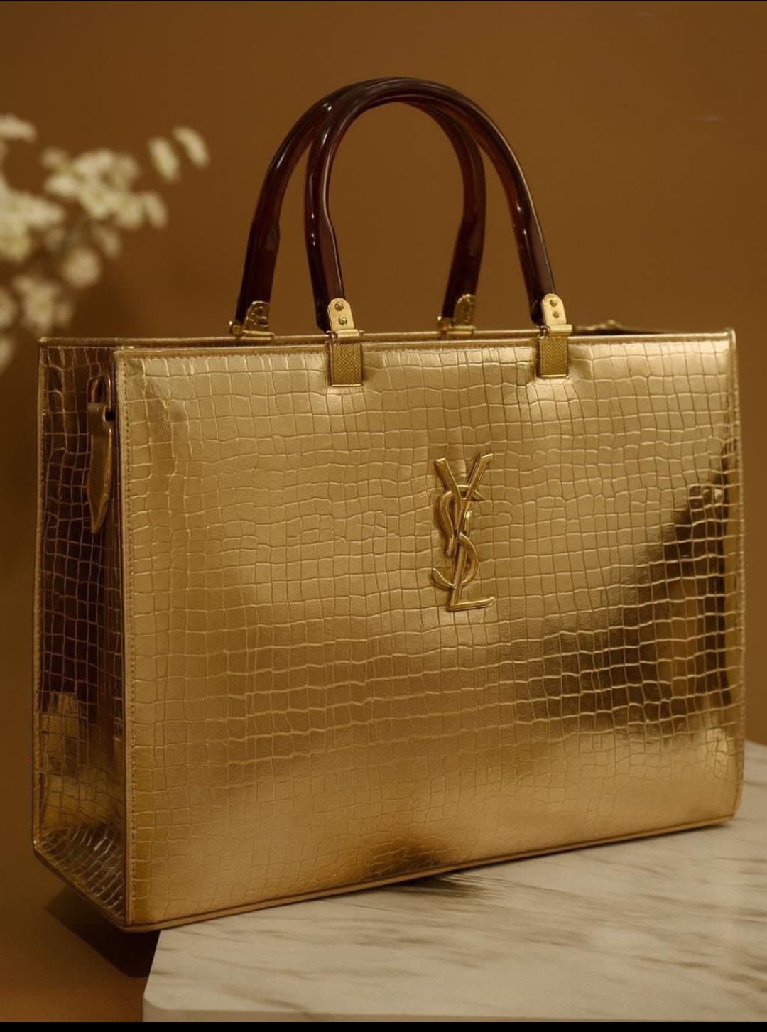 YSL Inspired Croc-Textured Black Leather Tote Bag