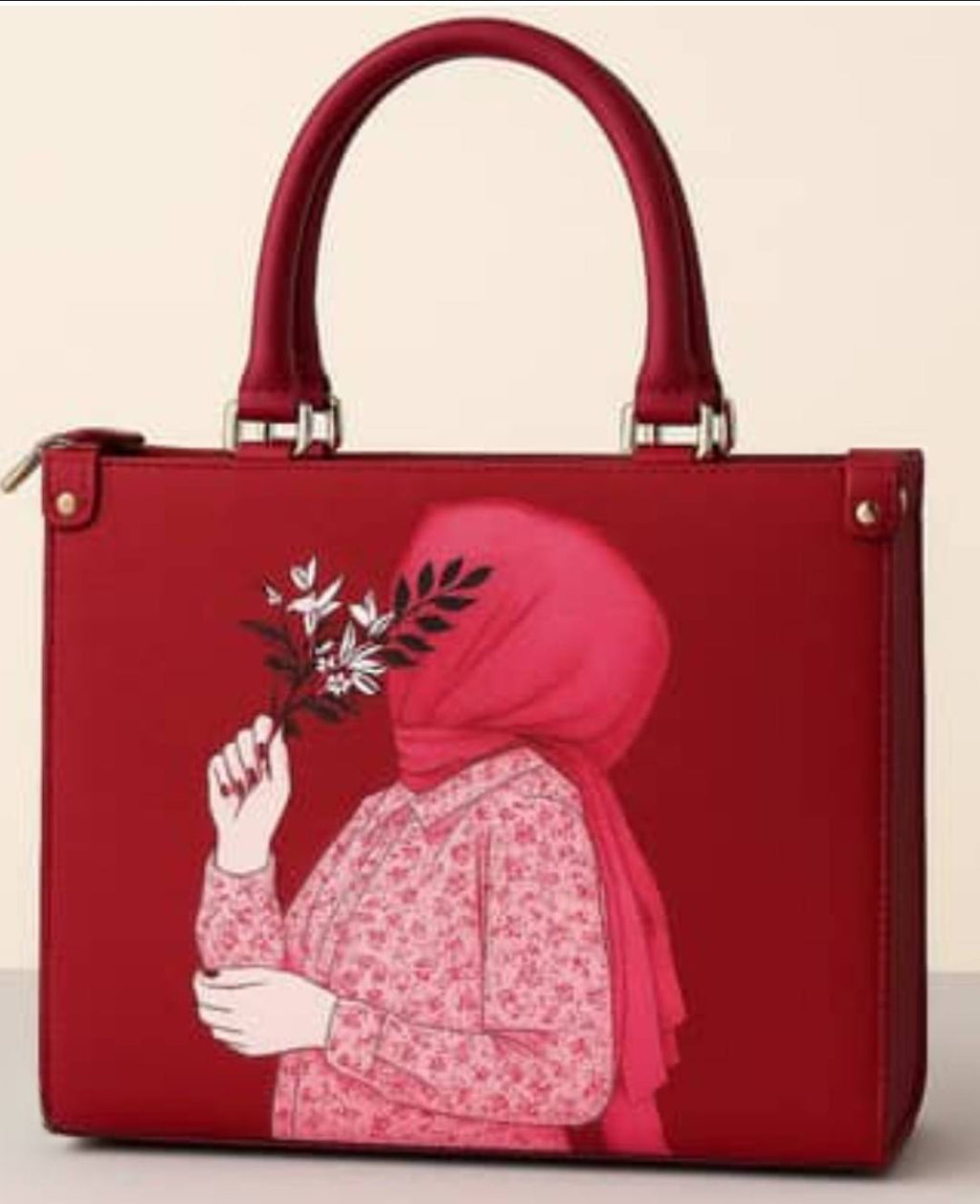 Elegant Red Handbag with Artistic Girl Print – Modern Minimalist Tote