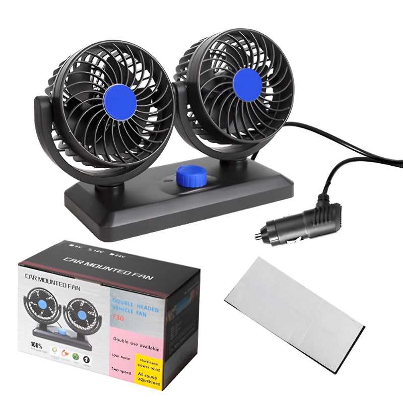 F30 Dual-Headed 360° Rotating Car Fan with Low Noise & Adjustable Airflow