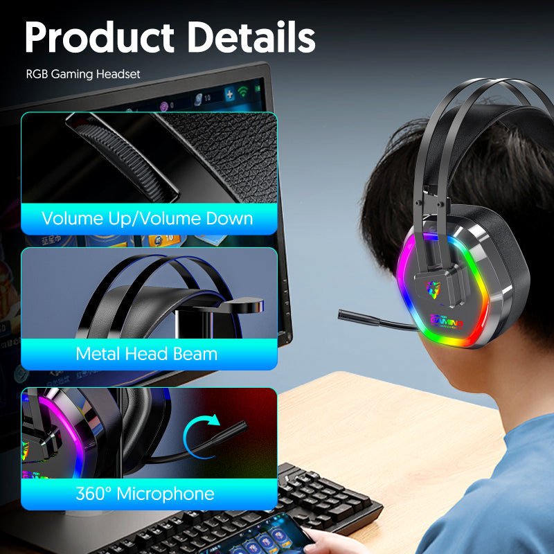 G608 USB Wired RGB Gaming Headset with 7.1 Surround Sound, Noise-Cancelling Mic & 50mm Drivers