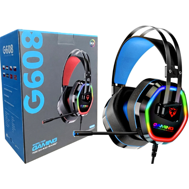 G608 USB Wired RGB Gaming Headset with 7.1 Surround Sound, Noise-Cancelling Mic & 50mm Drivers