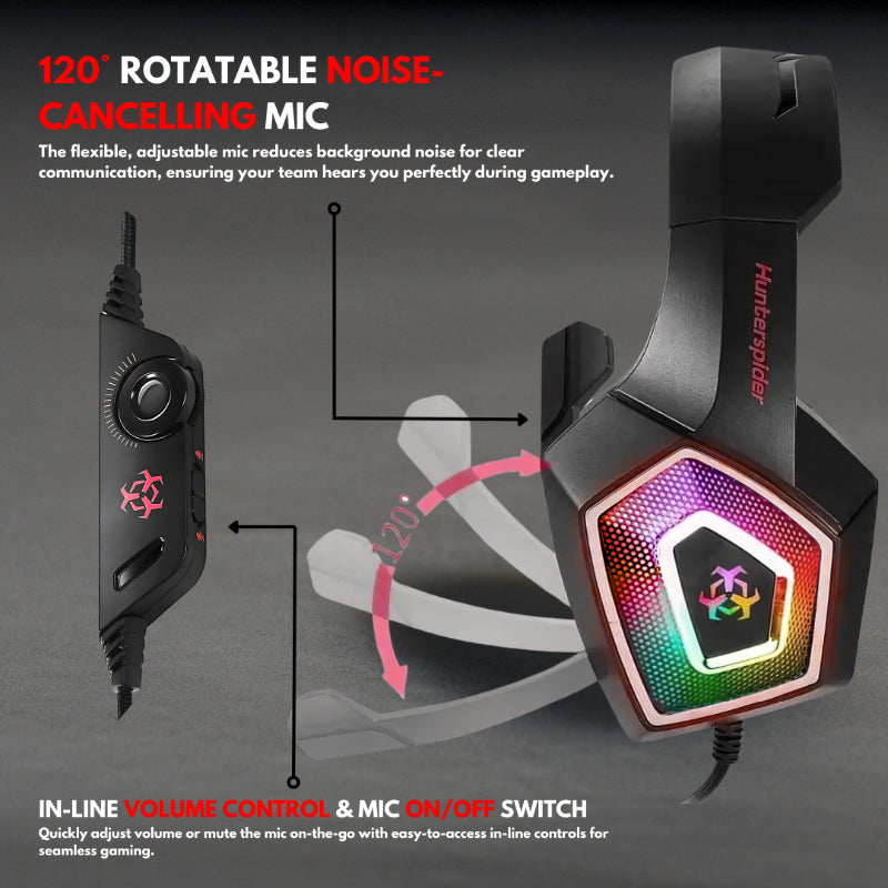 Hunter Spider V1 RGB Gaming Headset – 7.1 Surround Sound, Noise-Cancelling Mic, Deep Bass & RGB Lights