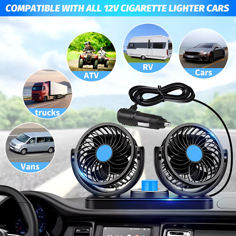F30 Dual-Headed 360° Rotating Car Fan with Low Noise & Adjustable Airflow