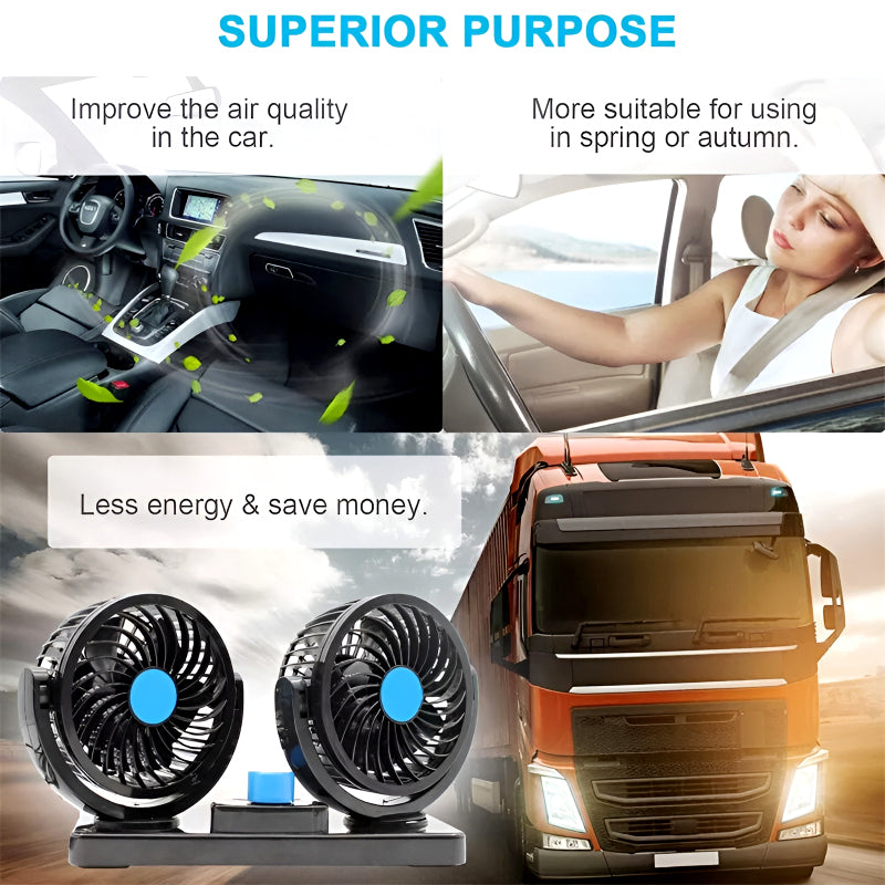 F30 Dual-Headed 360° Rotating Car Fan with Low Noise & Adjustable Airflow